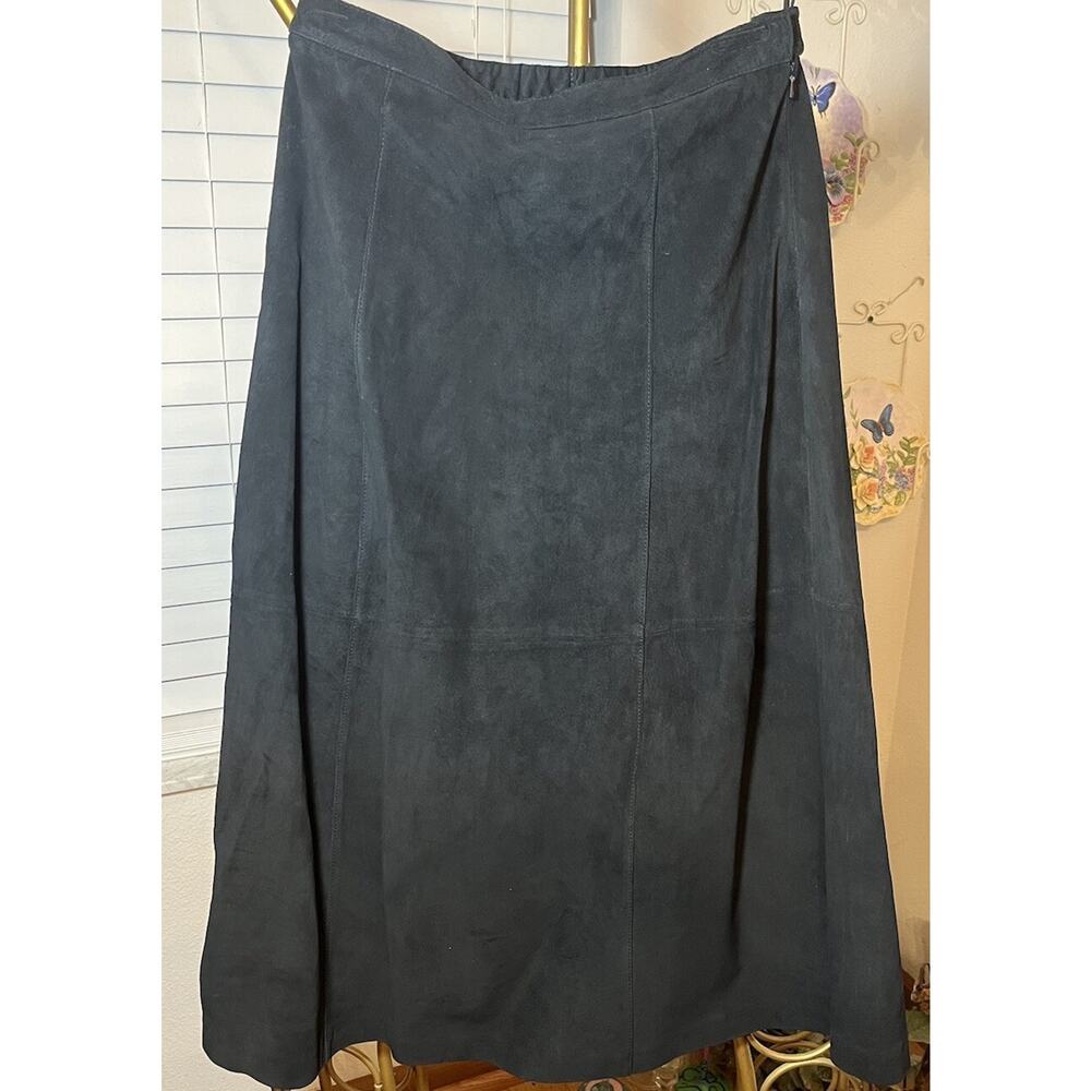 VTG Terry Lewis Size 10 Black Leather Suede Midi Skirt Boho 90s Western Rodeo